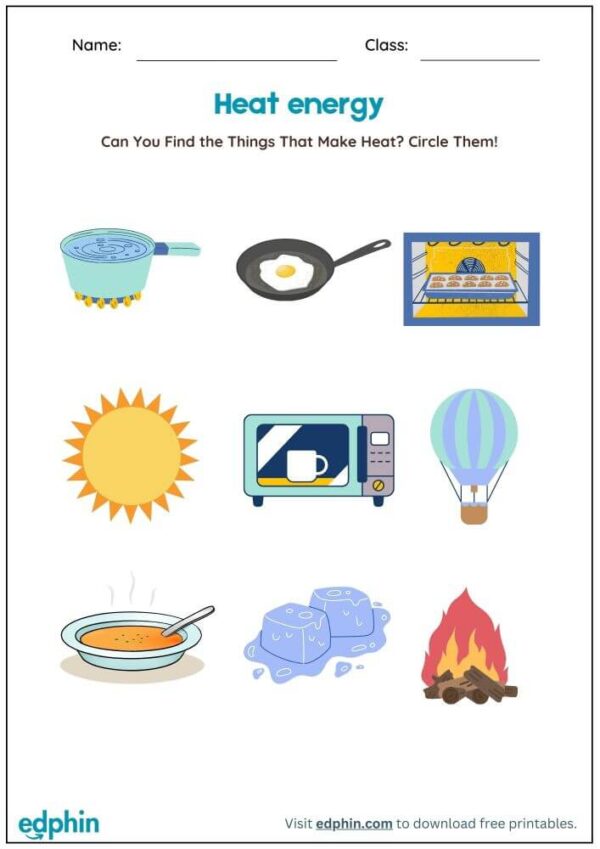 Identify Heat, Light, Sound Energy Source Worksheet With Answers - Image 2