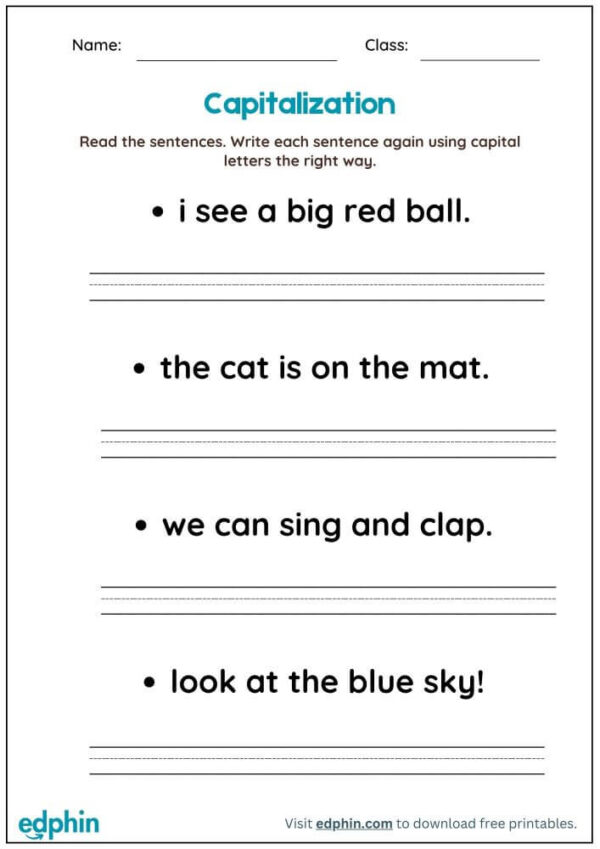 Capitalize The First Word Of Sentence Worksheet With Answers