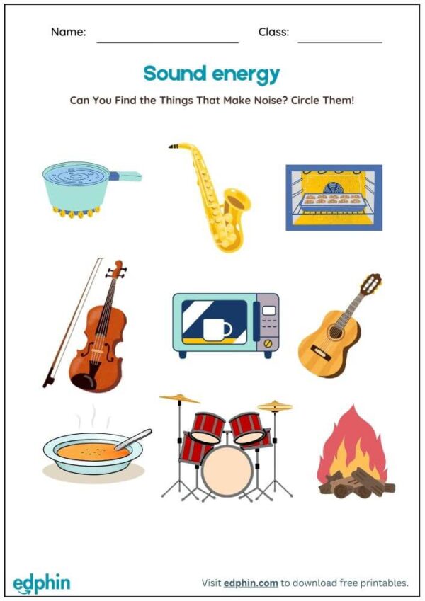 Identify Heat, Light, Sound Energy Source Worksheet With Answers