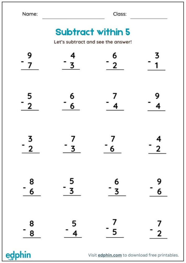 Single Digit Subtraction Worksheet With Answer - Image 2